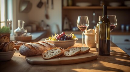AI generated illustration of a wooden table with fresh bread and two glasses of red wine - obrazy, fototapety, plakaty