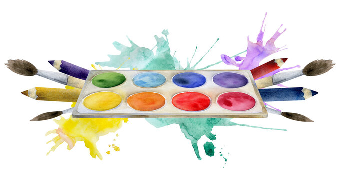 Watercolor hand drawn illustration, kids children art materials supplies, paint palette, color pencils brushes, splashes. Composition isolated on white. For school, kindergarten, party, cards, website