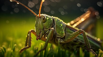 AI generated illustration of a close-up of a green grasshopper perched on a plant stem