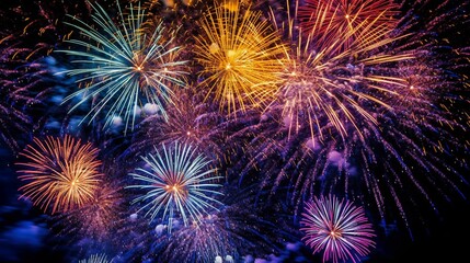 Fototapeta premium AI generated illustration of brightly colored fireworks exploding against a dark night sky