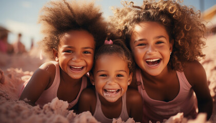 Close up portrait of a group of african american girls on the beach - obrazy, fototapety, plakaty