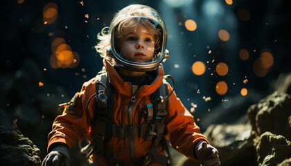 Cute little boy in astronaut helmet exploring the world. Fantasy adventure concept.