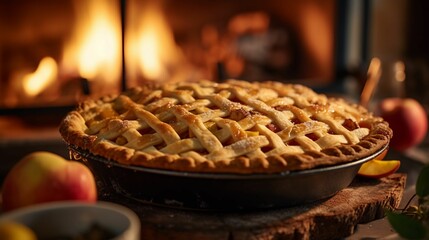 Appetizing pie on a wooden surface in front of a burning fireplace. AI-generated. - obrazy, fototapety, plakaty