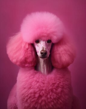 Adorable pink poodle is featured in a studio setting against a vibrant background. AI-generated.