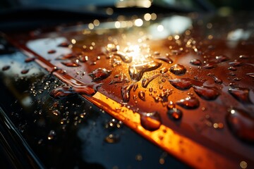 Sunroof on a car, with water droplets streaming down during a wash, Generative AI