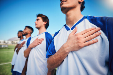 Football team, national anthem and listening at stadium before competition, game or match. Soccer, song and sports players together for pride, collaboration for contest or exercise with hands closeup - obrazy, fototapety, plakaty