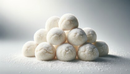 Snowball cookies beautifully arranged in a pyramid formation with a fine white sugar coating