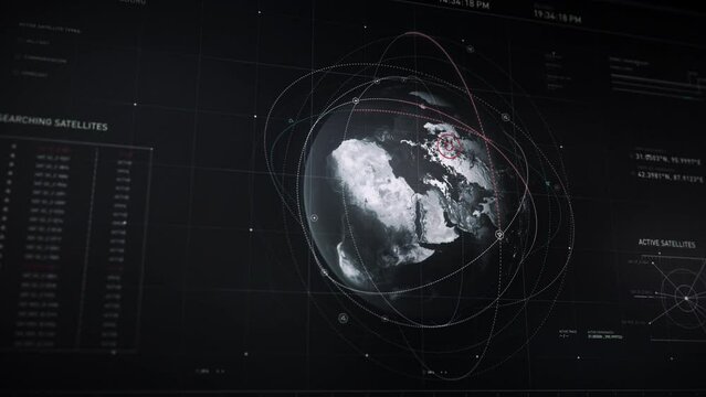 Satellite Control System Searching Planet Model For Location In Russia. Secret Agents Use Modern Planet Searching User Interface To Establish Mission Target Location. Futuristic Planet Searching