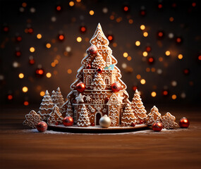 illustration of a Christmas tree creatively assembled from gingerbread cookies