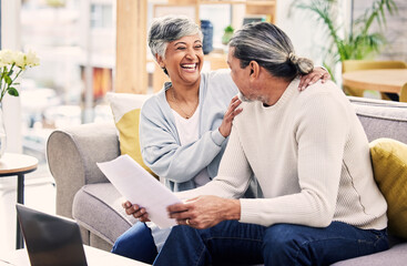 Financial, senior or happy couple laughing with documents in home for retirement savings or pension...