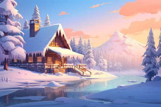 Showcase a charming winter cabin in a snowy setting with a pastel backdrop. The cozy cabin scene creates an inviting atmosphere with ample space for text. Generative AI