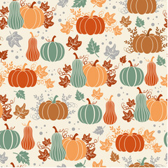 Thanksgiving seamless pattern. Colorful pumpkins on a beige background. Happy Thanksgiving vector pattern. Harvest season. Fall pattern. Autumn design for fabric, paper, cover, interior decor.