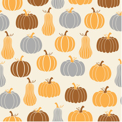 Thanksgiving seamless pattern. Colorful pumpkins on a light background. Happy Thanksgiving vector pattern. Harvest season. Fall pattern. Autumn design for fabric, paper, cover, interior decor.