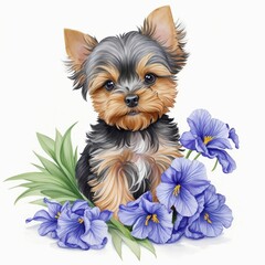 AI generated illustration of a Yorkshire terrier in flowers