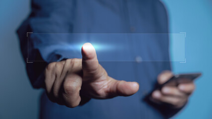 Businessman presses on touch screen with an empty text box for adding complete text.