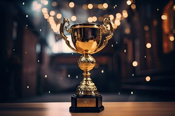 Glittering success. Capturing elegance of victory and prestige in championship ceremonies. Champion moment. Celebrating triumph and excellence with glowing trophies and medals