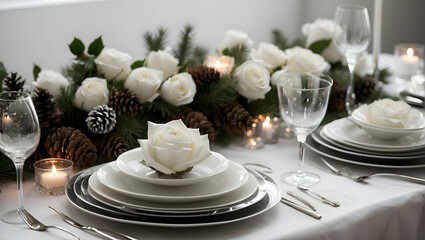 Fototapeta na wymiar Table setting with white roses