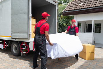 Indian worker man, employee, logistic pickup business owner working moving house lifting furniture,...