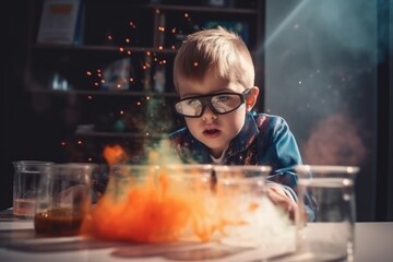 Funny little boy doing experiments, AI generated