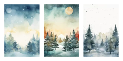 Rolgordijnen Set of hand drawn watercolour winter landscape backgrounds. Christmas vector elements for poster, cards, flyer, web. © dehweh