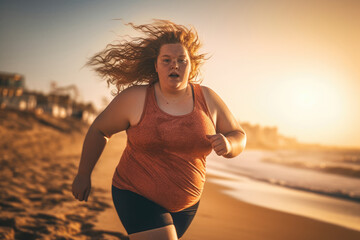 Fat girl jogging on the beach, AI generated - obrazy, fototapety, plakaty