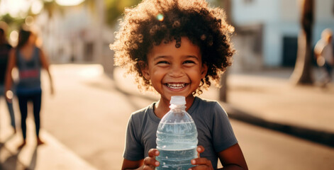  happy African boy with water bottle in hand