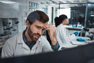 Stress, tired or scientist with headache or burnout in a laboratory suffering from migraine pain or overworked. Exhausted, frustrated or sick man working on science research with fatigue or tension - obrazy, fototapety, plakaty