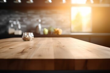 Fototapeta premium AI generated illustration of a wooden kitchen table with the sunlight streaming from the window