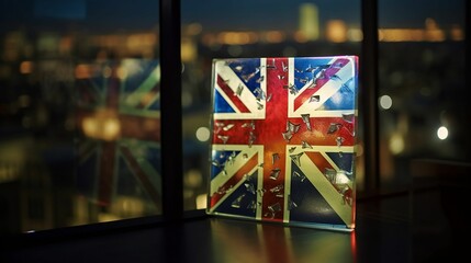 AI generated illustration of A UK merchandise sits in front of a window - obrazy, fototapety, plakaty