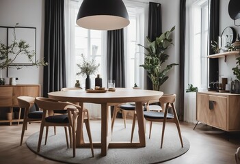 Chic interior design of modern scandinavian dining room with round wooden table