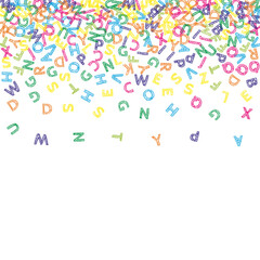 Falling letters of English language. Colorful sketch flying words of Latin alphabet. Foreign languages study concept. Quaint back to school banner on white background.