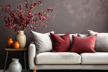 Gray sofa with burgundy pillows. Home interior design in modern living room.