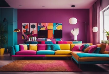 Colorful corner sofa in apartment Interior design of pop art style colorful living room