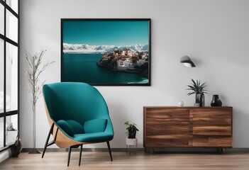 Dark turquoise lounge chair and wooden chest of drawers against white wall with art poster frame