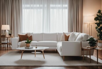 Interior design of mid-century living room with white furniture
