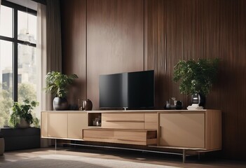 Interior of modern living room with sideboard over wooden paneling wall Contemporary room