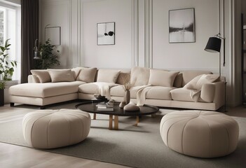 Luxury corner beige sofa and poufs in classic apartment Scandinavian style home interior design