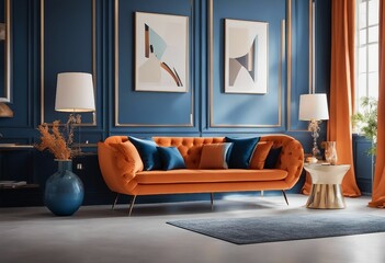 Orange and blue tufted sofas near stucco wall Art deco interior design of modern living room