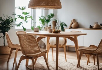 Natural wood round dining table and chairs on wicker rug Wooden cabinet in dining room Scandinavian