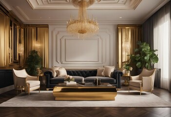 Rustic furniture in hollywood regency style interior design of modern living room with golden panel