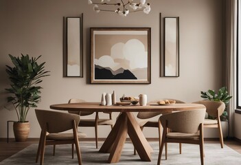 Round wooden dining table and rustic chairs against beige sofa near wall with art frame Japandi