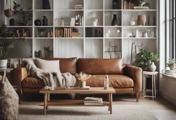 Rustic sofa against shelving unit with books Scandinavian home interior design of modern living room