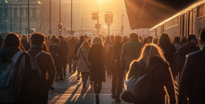 Large crowd of people going to work in the morning