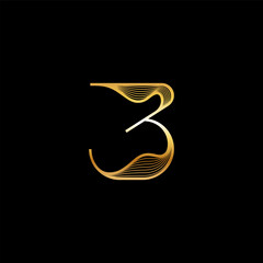 Number 3, beautiful elegant golden alphabet striped font, classic Arab numeral perfect for wedding invitations, anniversary or fashion, brand name or logo design, vector illustration 10EPS