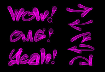 Collection of graffiti street art tags with words and symbols in pink color on black background