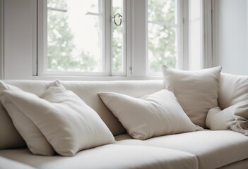 White cushions and cream color blanket on white sofa against of window Scandinavian style interior 