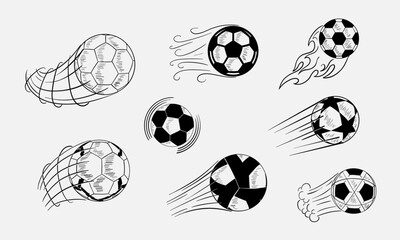 Set of Hand Drawn Soccer ball icons in motion. Vector illustration