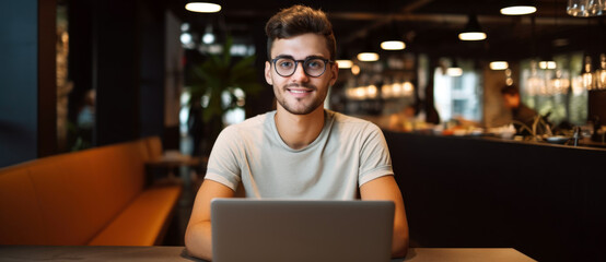 person with laptop in cafe