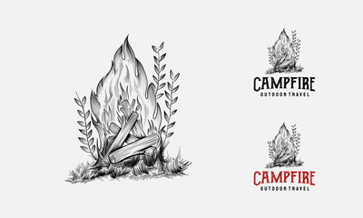 Bonfire Camping Hand Drawn logo template, Bonfire sketch hand drawn engraving style Vector illustration
