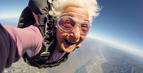 Old woman , man taking selfie shot while sky diving 
